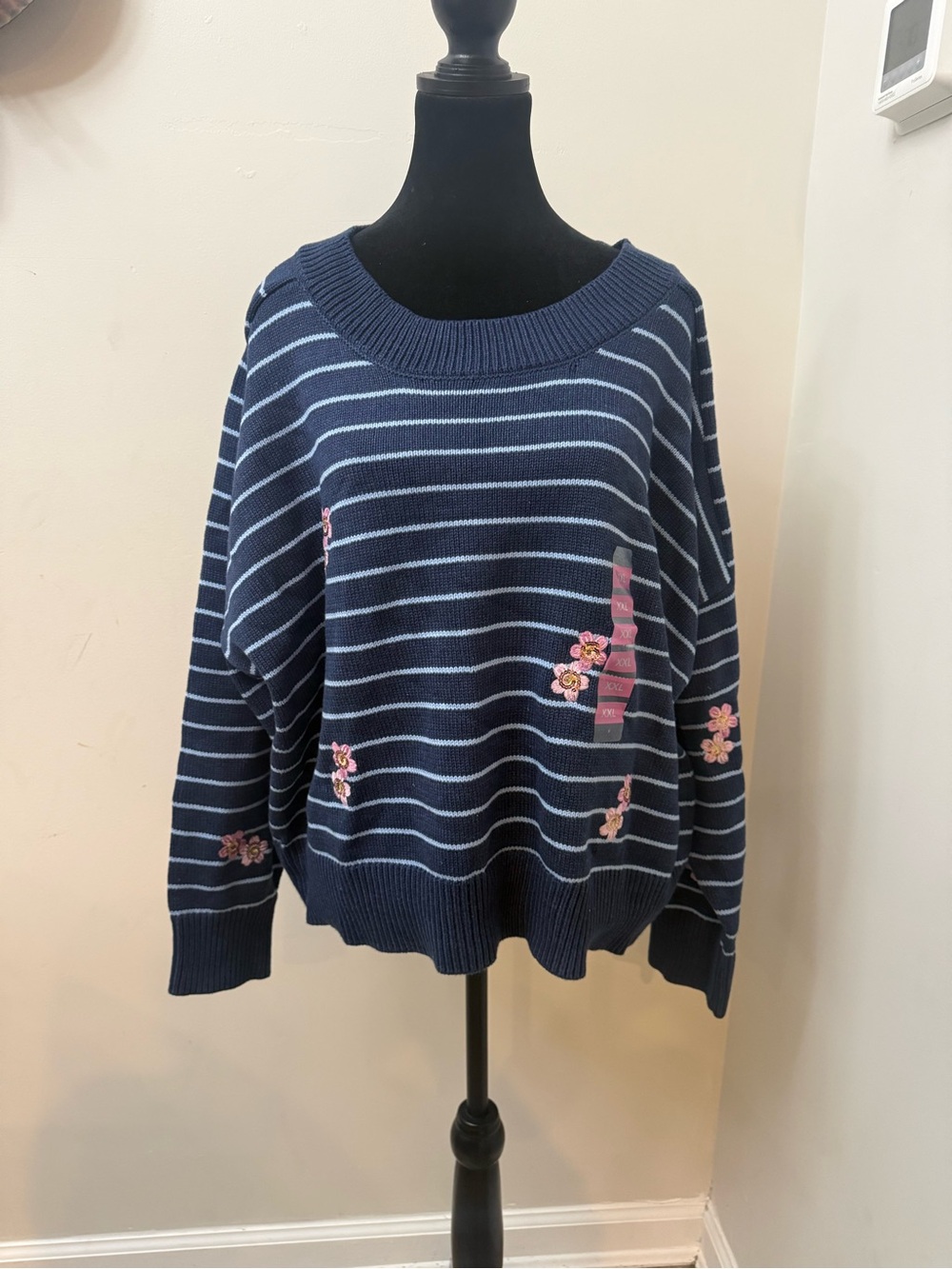 NWT Joseph A. Striped Navy Blue Floral Embroidered Women's Sweater
